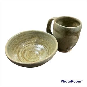 Stunning Glazed Stoneware Bowl and cup Artisan Moss colored signed